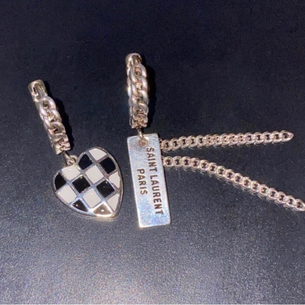 Checker Heart & Bar Hoop Saint Laurent 925K Sterling Silver Earrings Good used